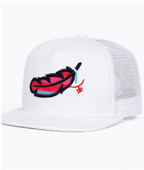Colorful Feather Embroidered White Trucker Hat