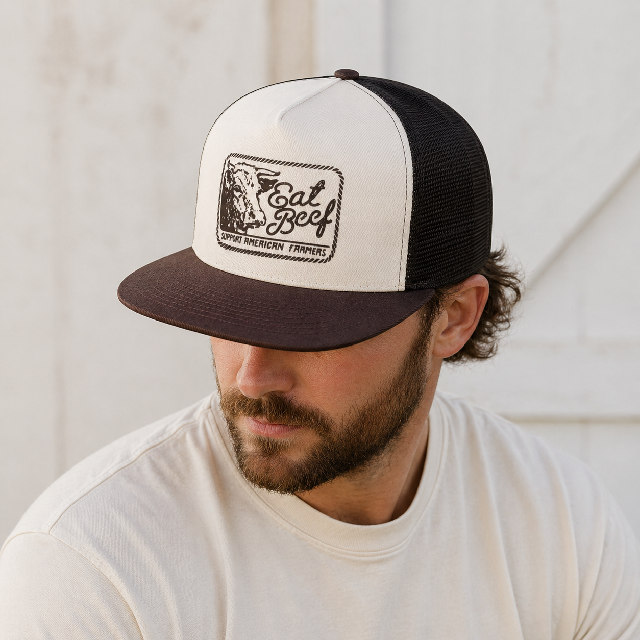 Eat Beef Western Trucker Hat — Cream/Brown