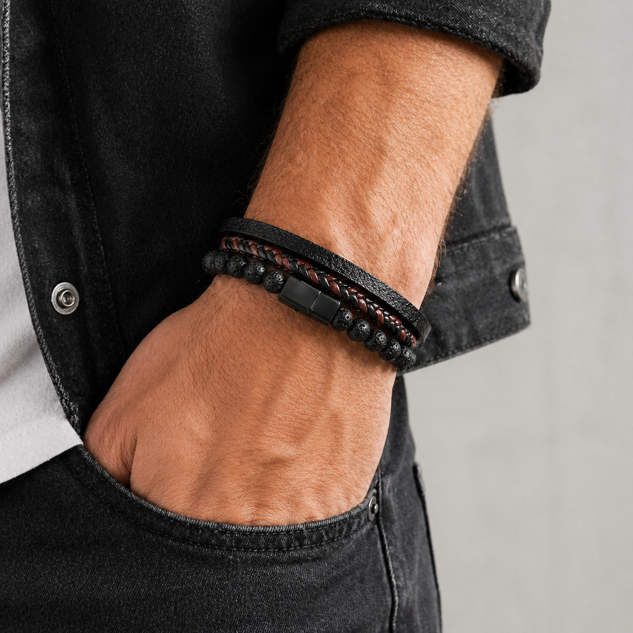 Black Lava Stone Leather Bracelet